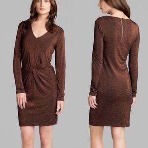 Ted Baker Women's Lizzey Metallic Copper Dress Size 4 Long Sleeve Twist Front